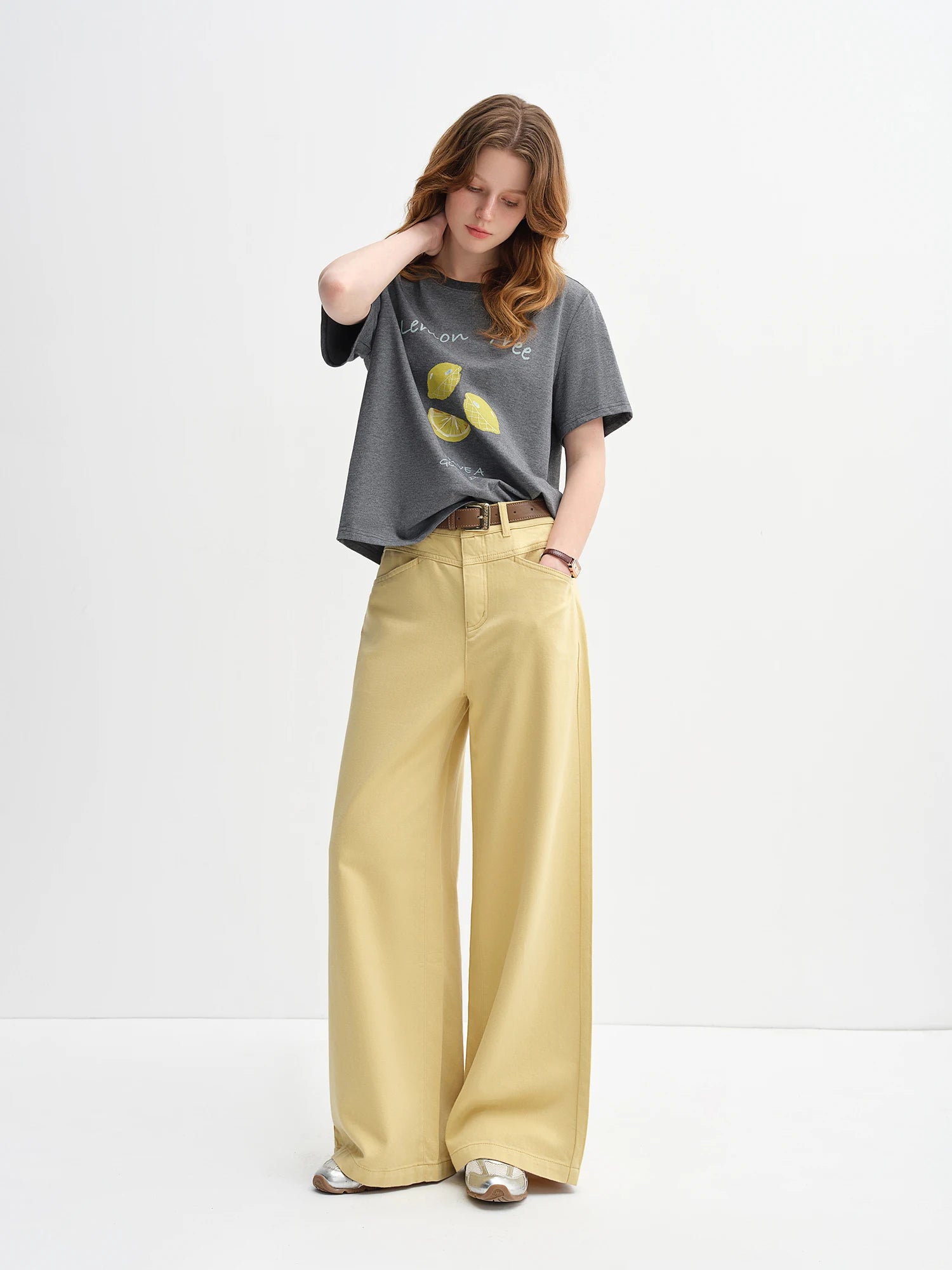 DUSHU 79.6% Cotton Women's Simple Straight Shoulder Loose Fruit Print T-shirt Female 2025 New Autumn Short-sleeved Top 25DS83171