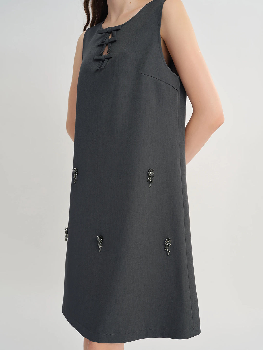 DUSHU Autumn 2025 Women's Embellished Beaded Tank Dress - Bow Accent Layering Staple Versatile Fall Piece Heavy Craft Detailing