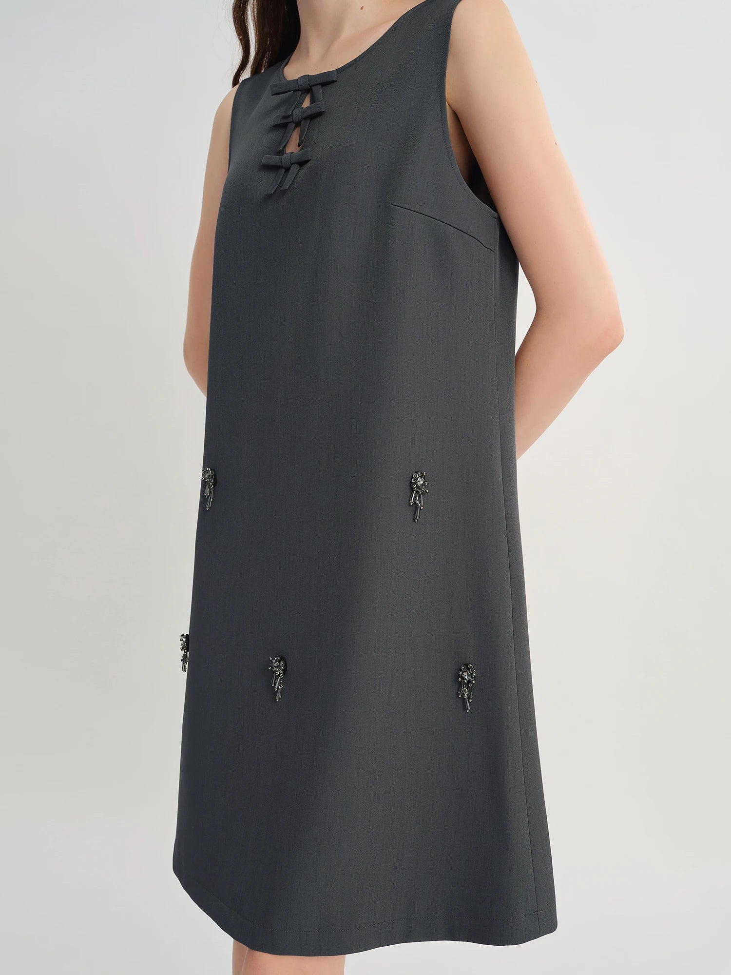 DUSHU Autumn 2025 Women's Embellished Beaded Tank Dress - Bow Accent Layering Staple Versatile Fall Piece Heavy Craft Detailing