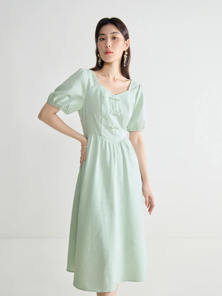 DUSHU Jacquard New Chinese Style Dress For Summer New Elegant Button Up Chinese Style High Waisted Women Dress 24DS82668