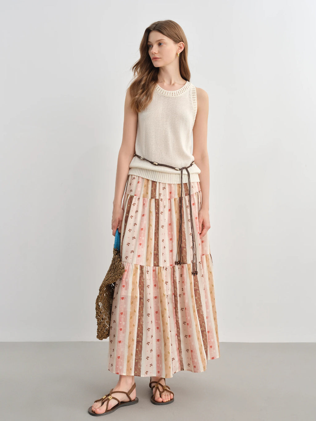 DUSHU Plus-Size Women's Empire-Waisted Floral Print A-Line Cotton Skirt - Summer 2025 New Style Slimming Design Skirt 25DS82576