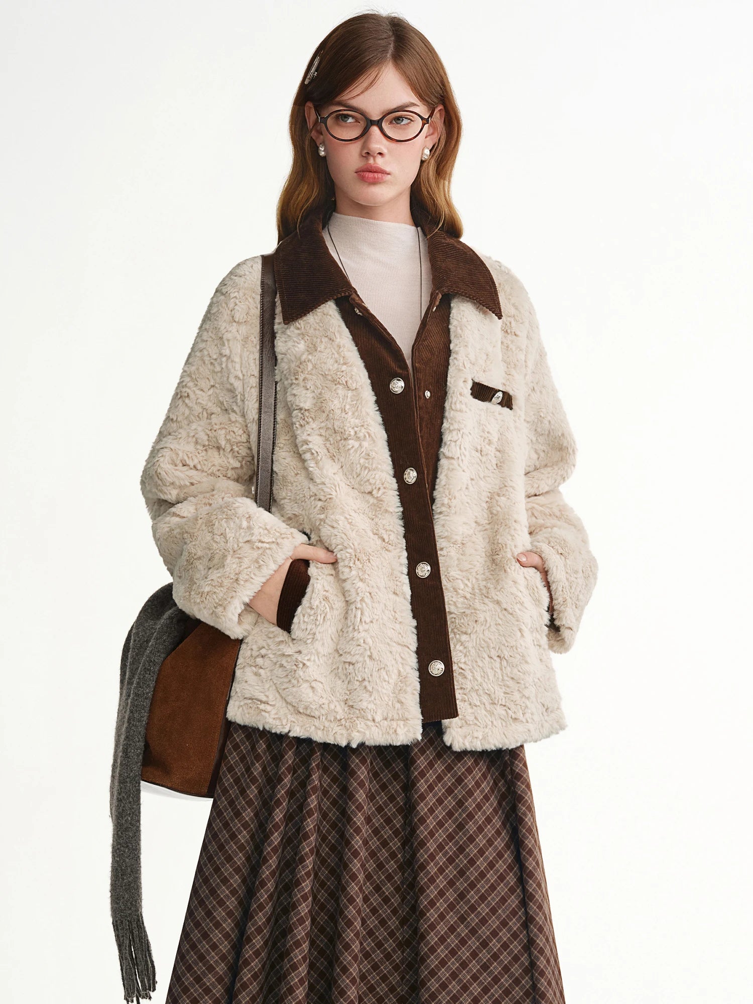 DUSHU Corduroy Patchwork Cropped Jackets Women Coat Autumn and Winter Eco-friendly Faux Fur Retro Soft Daily Commuting Stylish
