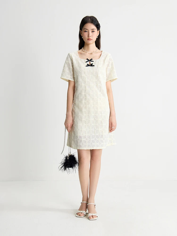 DUSHU Women's Sweet Style Bow Collar Short Dress 2024 Summer New Design Versatile Casual Gentle Dress For Female 24DS82786