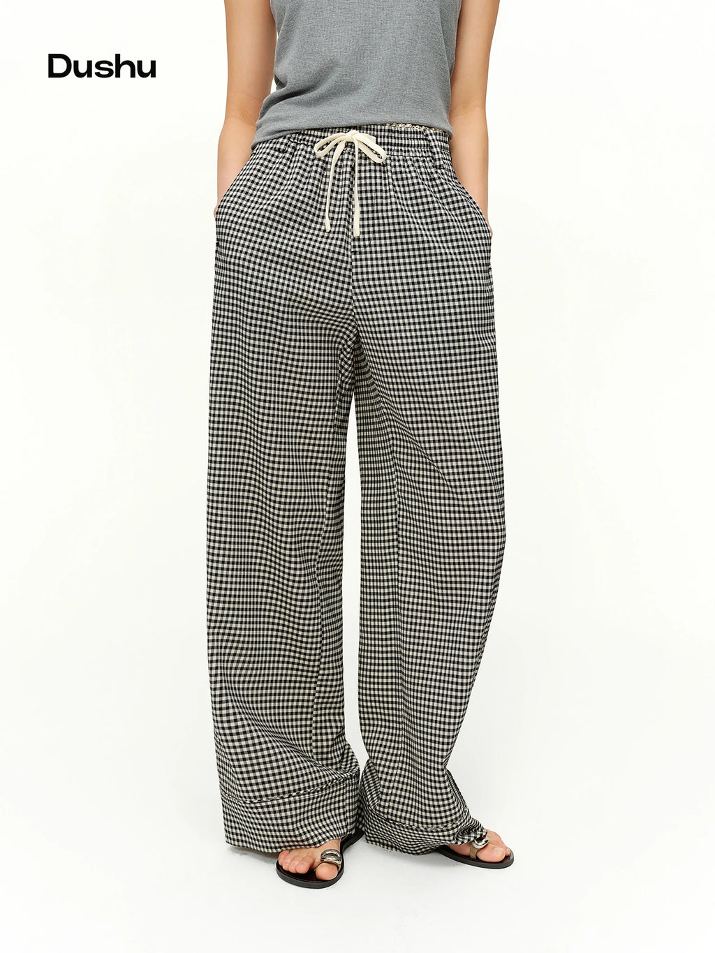 DUSHU 2026 Spring Women's Plaid Pattern Blend Straight Leg Pants - Acetate Commuter Style Trousers Elastic Waist for Office
