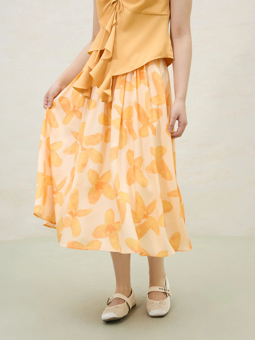 DUSHU Plus Size Romantic Art Orange Flower Umbrella Skirt For Women 2025 Summer Floral Fashion High Waist Skirt 25DS82081