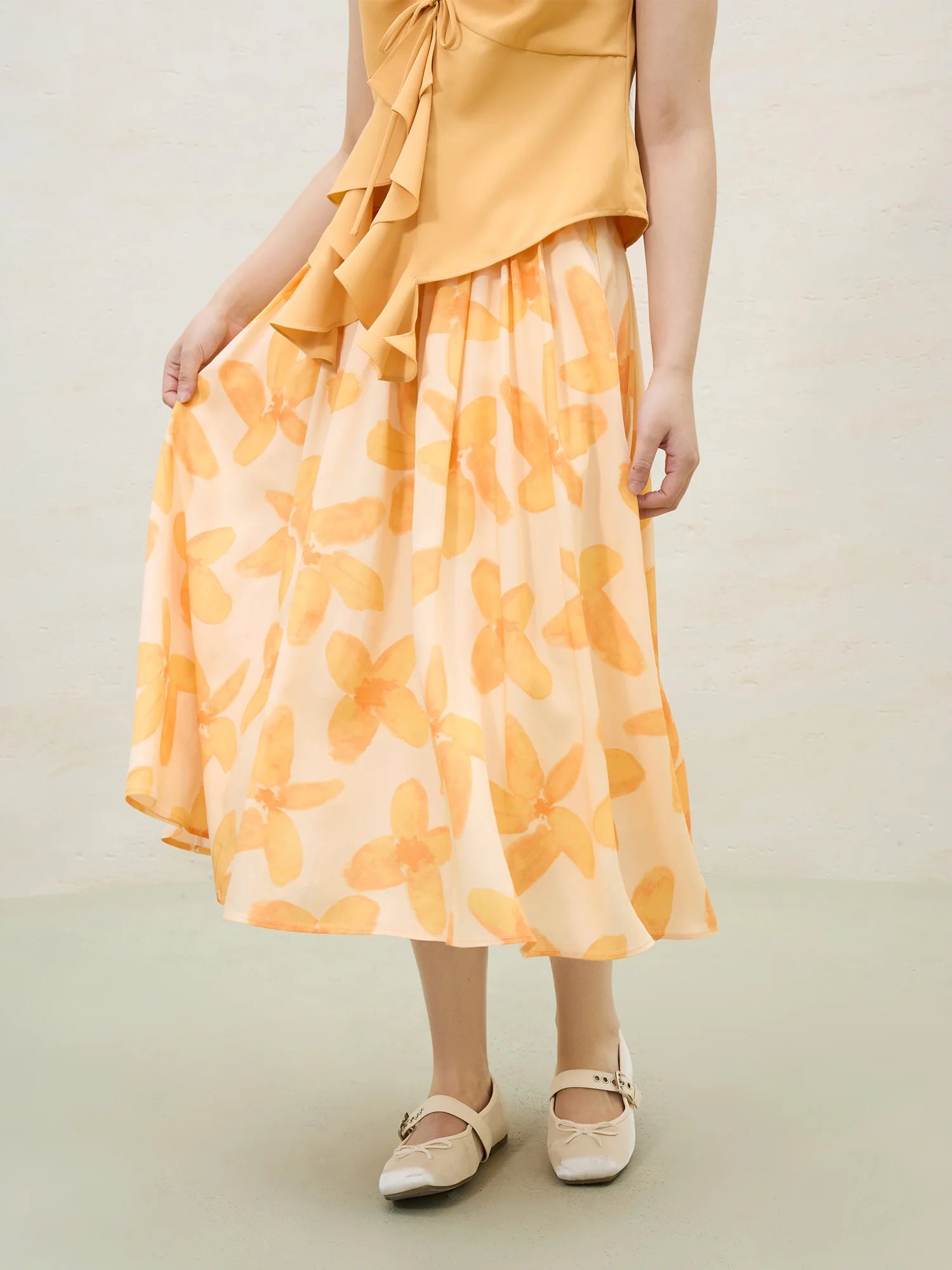 DUSHU Plus Size Romantic Art Orange Flower Umbrella Skirt For Women 2025 Summer Floral Fashion High Waist Skirt 25DS82081