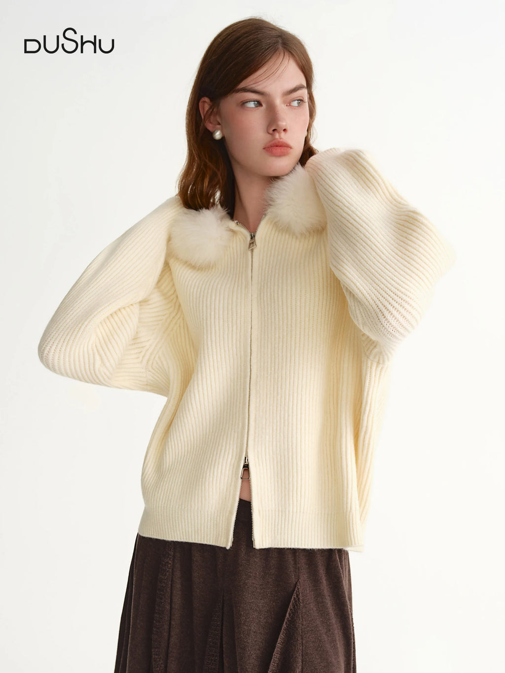 DUSHU 2025 Winter Women's Detachable Faux Fur Hooded Knit Cardigan - Long Sleeve Open Front Cozy Sweater for Casual Outerwear