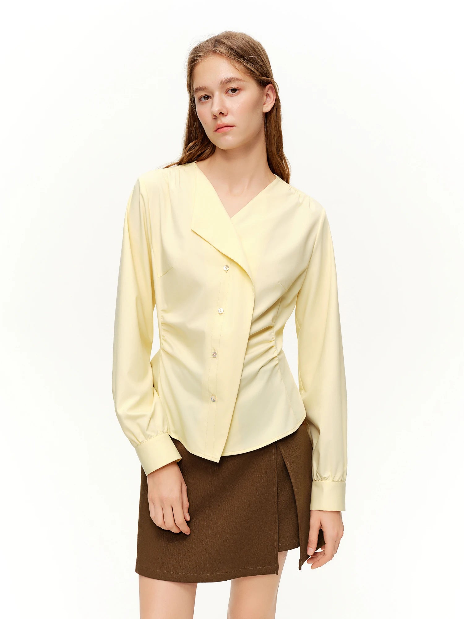 DUSHU 2026 Spring Women's V Neck Asymmetrical Blouse Unique Design Slim Fit Top for Effortless Office Style Lightweight Shirt