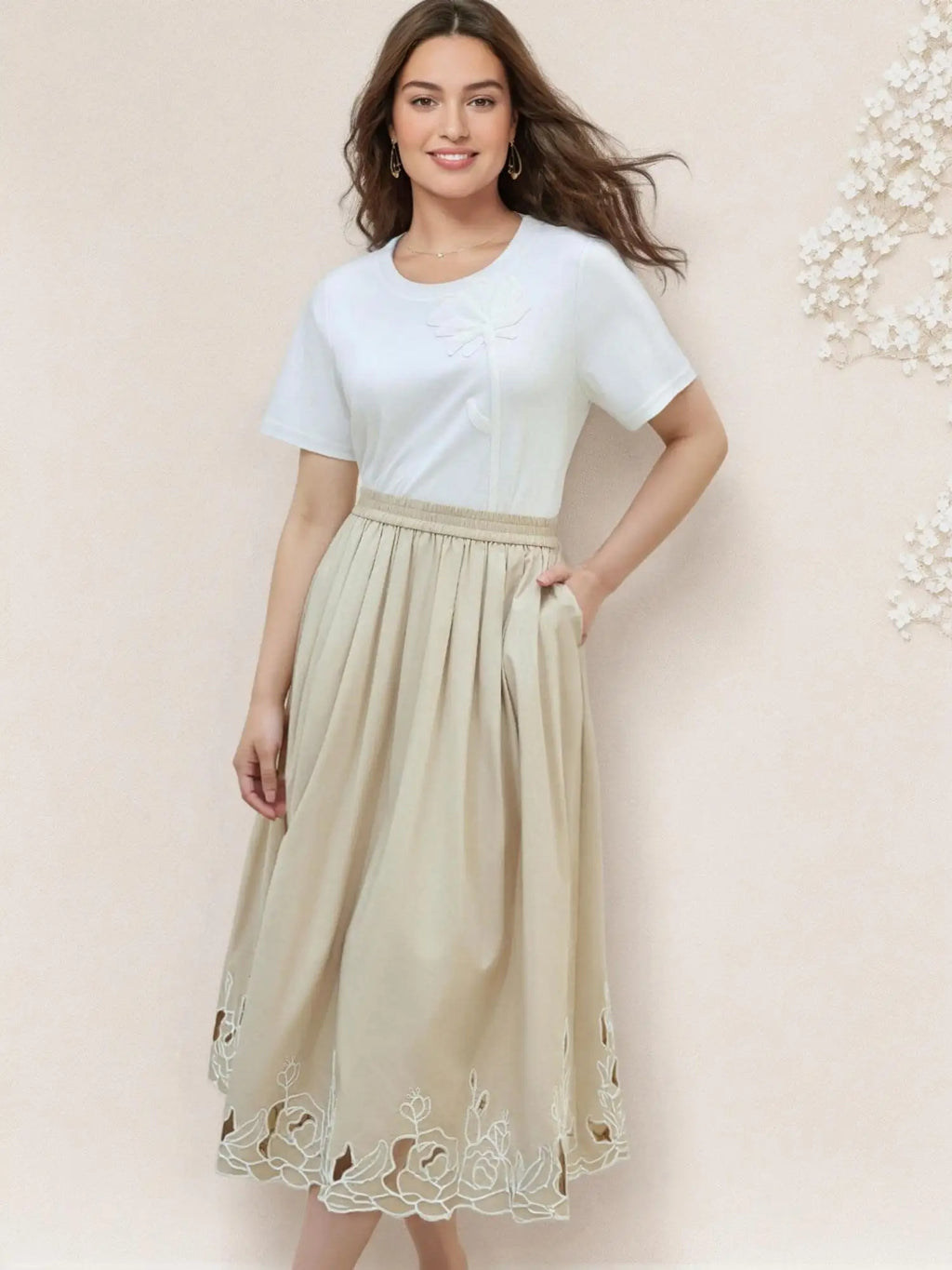 DUSHU Women Summer Khaki Long Skirts High Waist Elastic Waist Embroidered Hollow Design Female Cotton Skirt 25DS82121