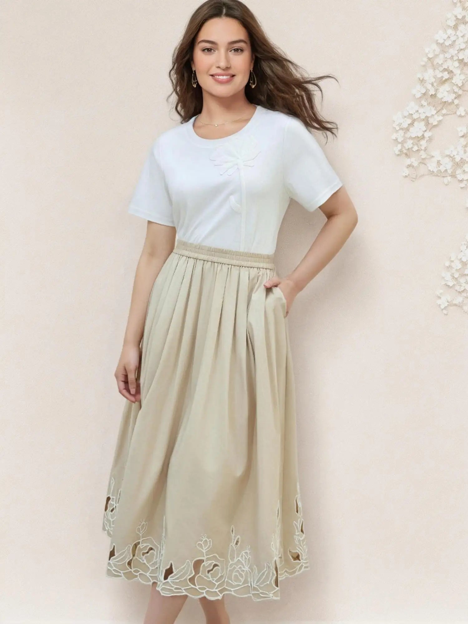 DUSHU Women Summer Khaki Long Skirts High Waist Elastic Waist Embroidered Hollow Design Female Cotton Skirt 25DS82121