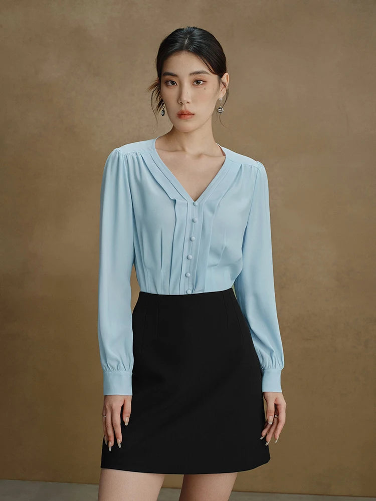 DUSHU V-neck High Luxury Commuter Shirt Autumn 2023 New Slim Womem Tops For Women Light Yellow Blue Women Shirt For Women