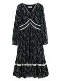 DUSHU Office Lady Women's Flowing Umbrella Chiffon V-neck Lace Dress 2025 Spring Fashion Midi Casual Loose Dress 25DS81218
