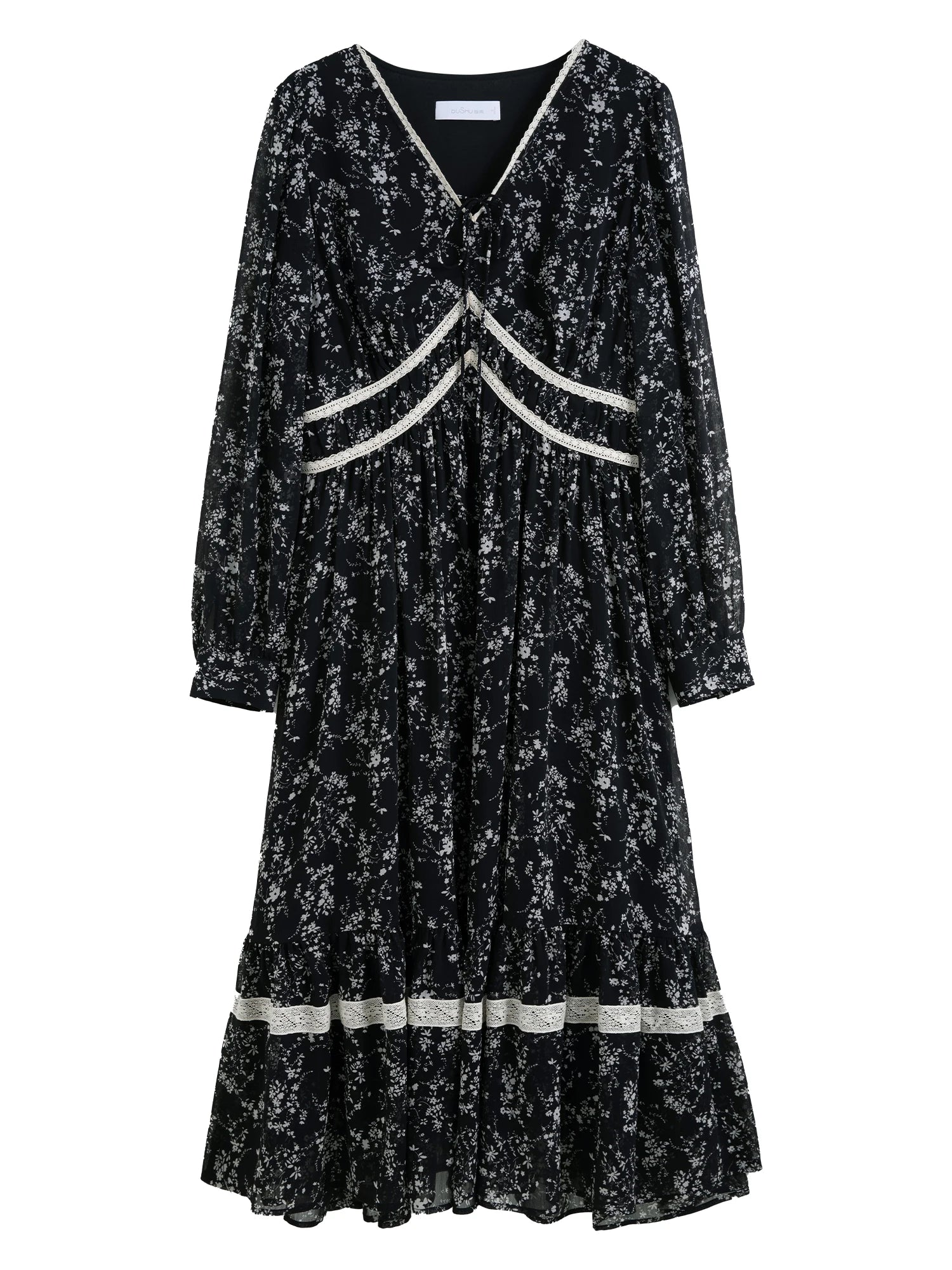 DUSHU Office Lady Women's Flowing Umbrella Chiffon V-neck Lace Dress 2025 Spring Fashion Midi Casual Loose Dress 25DS81218