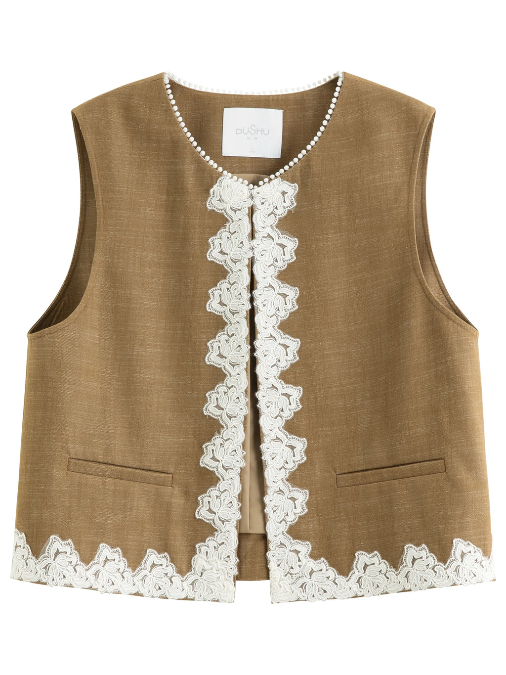 DUSHU 2026 Spring Women's 3D Lace Trim Round Neck Sleeveless Vest, Cropped Lace Camisole Top for Y2K Retro & Coquette Style