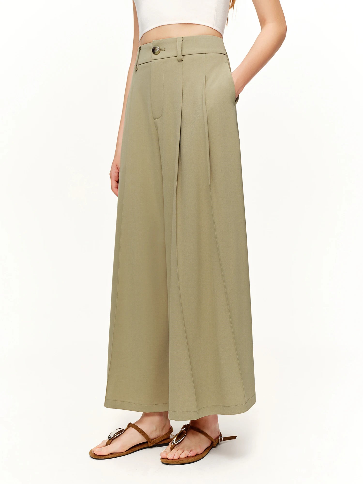 DUSHU 2026 Spring Women's High Waist Pleated Wide Leg Pants Paper Bag Waist Relaxed Fit Straight Trousers for Casual Daily Wear
