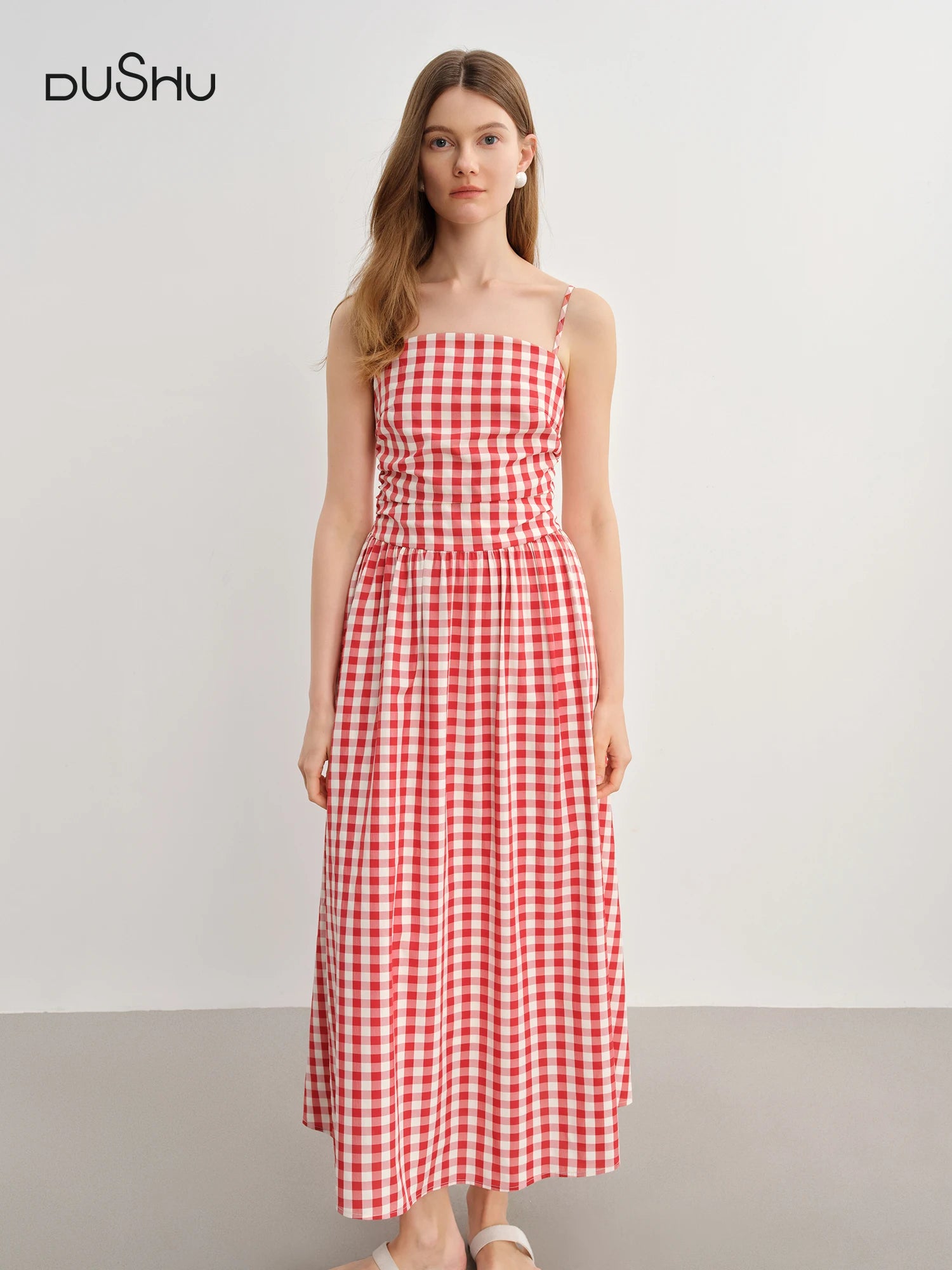 DUSHU Plus Size Women French Vintage Chic Dress 2025 Summer New Arrival Waist Flattering Strapless Dress 25DS82855+25DS82826