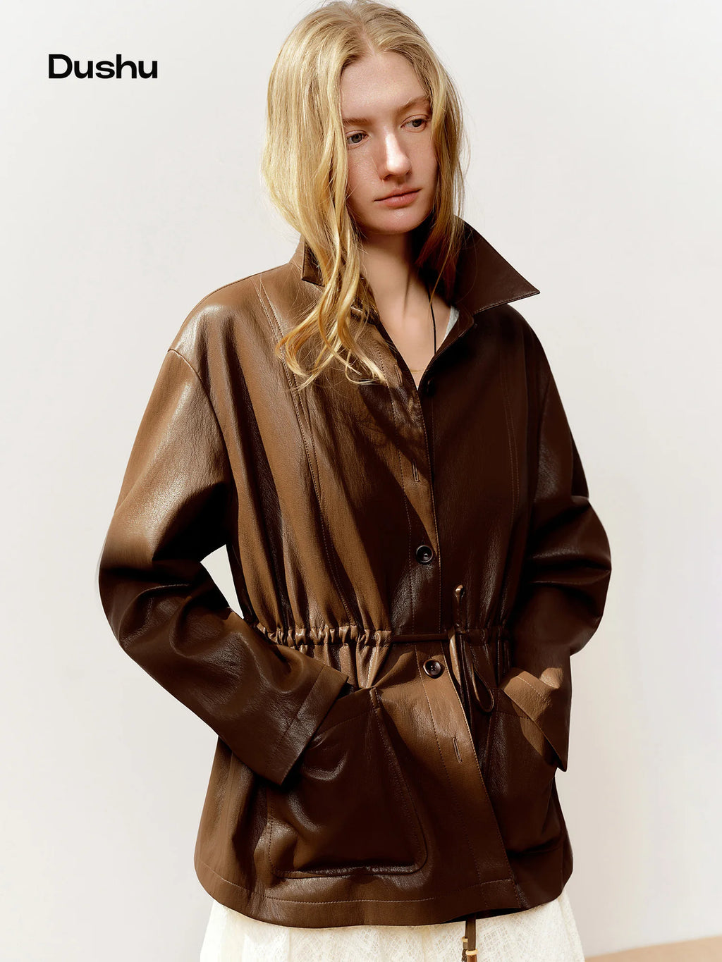 DUSHU 2026 Spring Women's Drawstring Waist Oversized Leather Jacket - Flattering Fit Cropped Motorcycle Style PU Coat for Casual