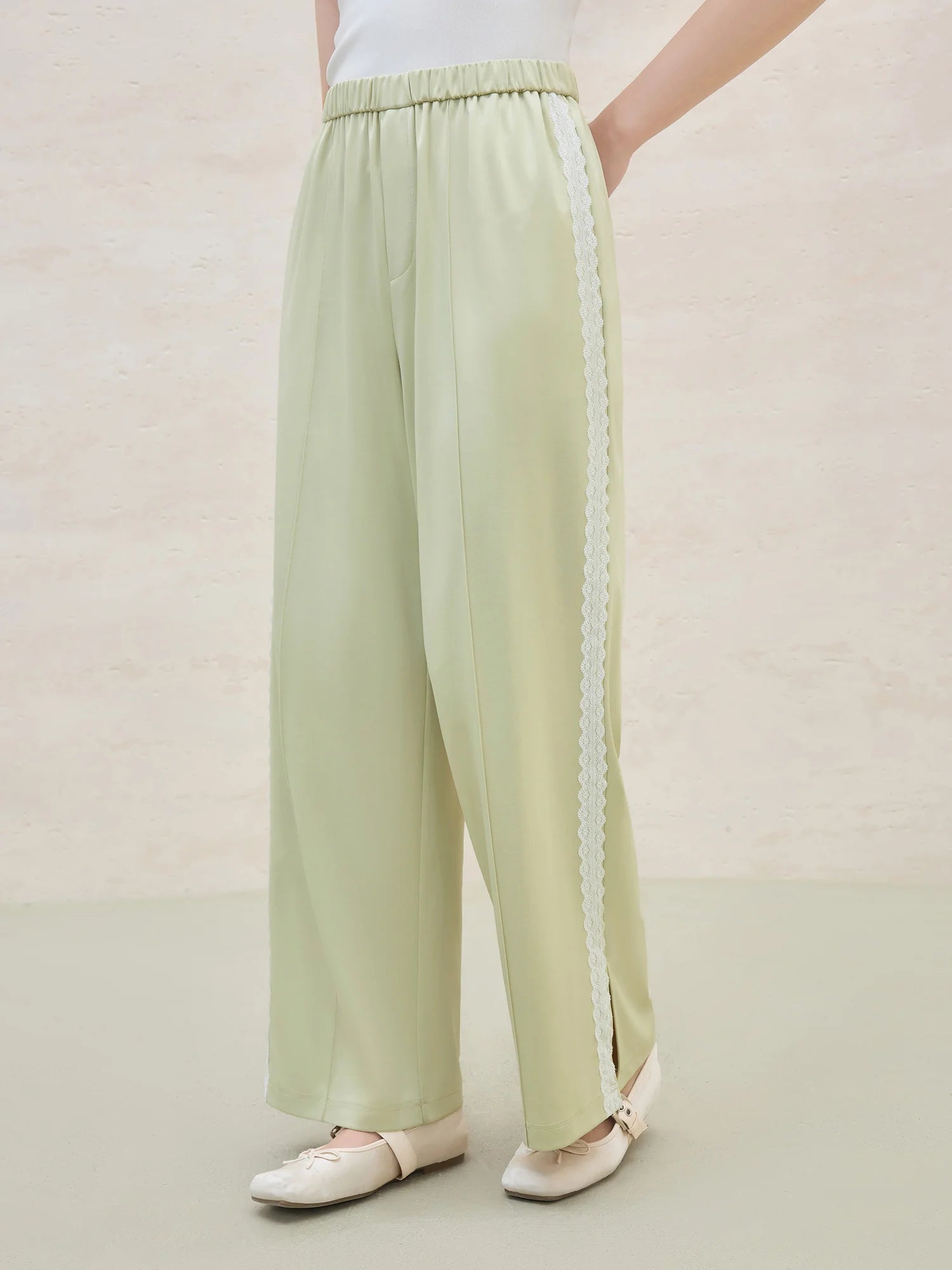 DUSHU 2025 Summer Women's Lace-Trimmed Acetate Pants - Straight Leg & Office Chic Design with Breathable Fabric