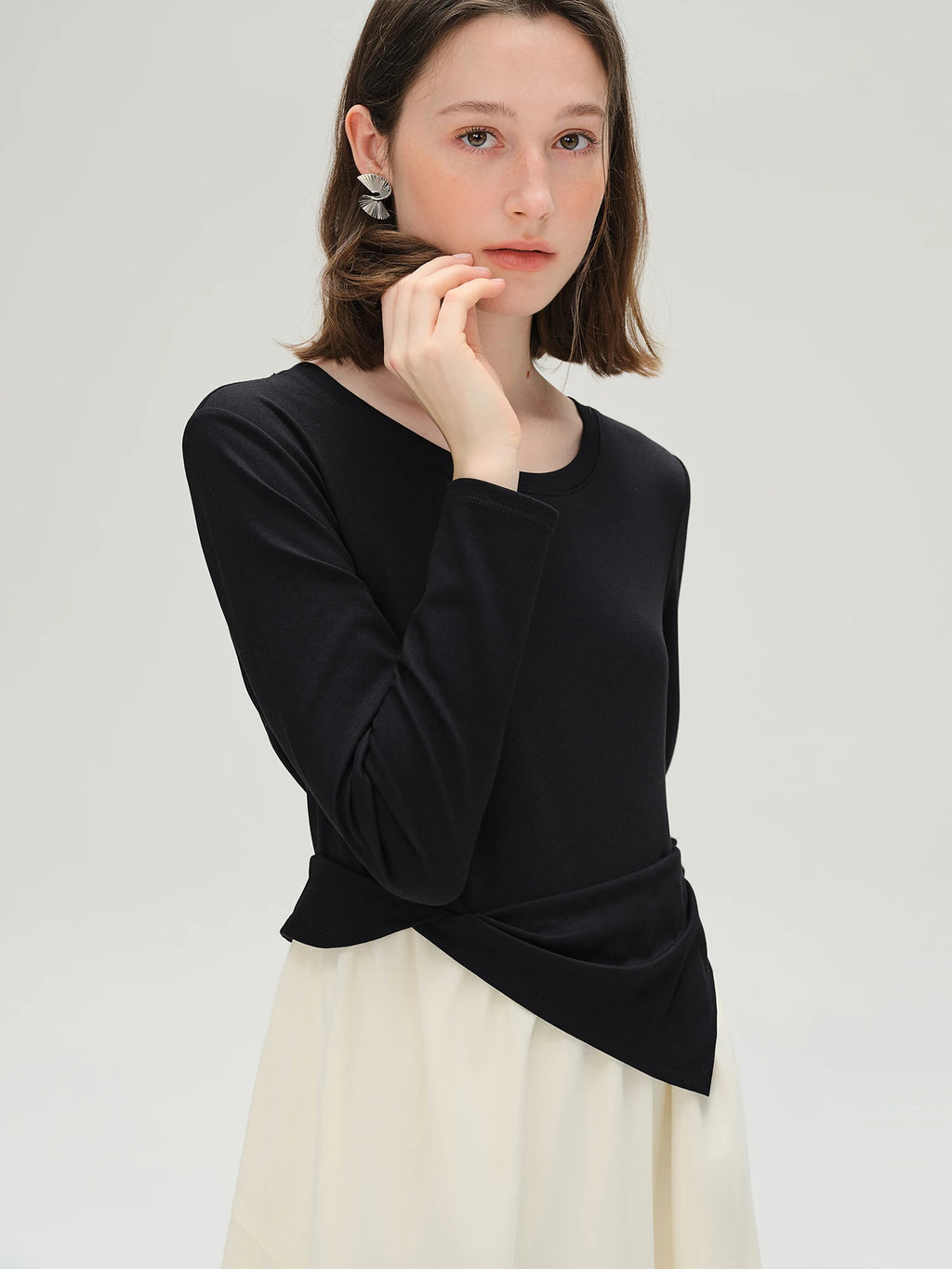 DUSHU Autumn 2025 Women's French Style Color Block Dress - Contrast Panel Shift Workwear Midi Skirt with Flattering Fit