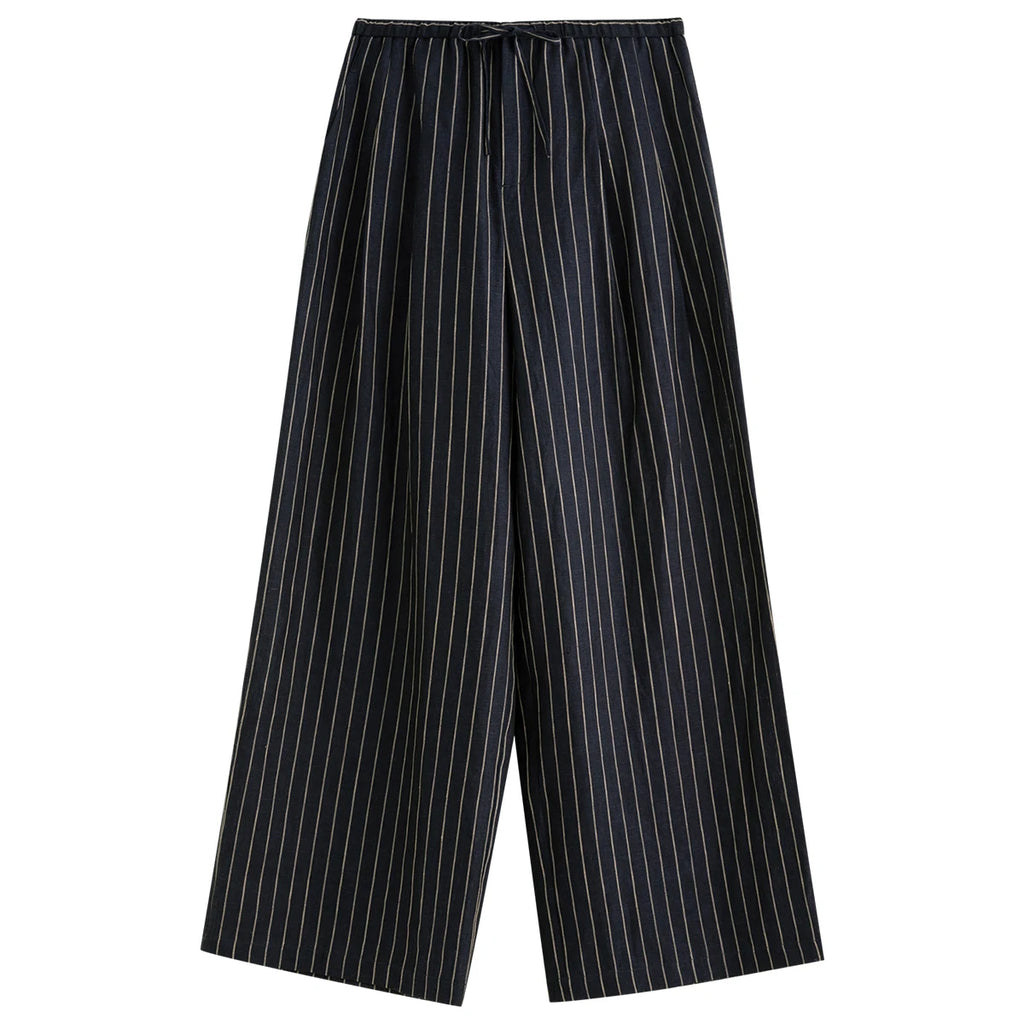 DUSHU Women's Lazy Style Straight Wide-leg Pants 2025 Summer New Striped Versatile High Waist Casual Pants 25DS82754