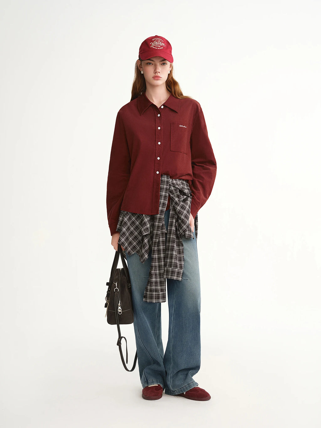DUSHU Women's Retro Red Embroidered Corduroy Shirt Loose Top Long Sleeve Simple Solid Commuting All-match Cotton Soft Winter