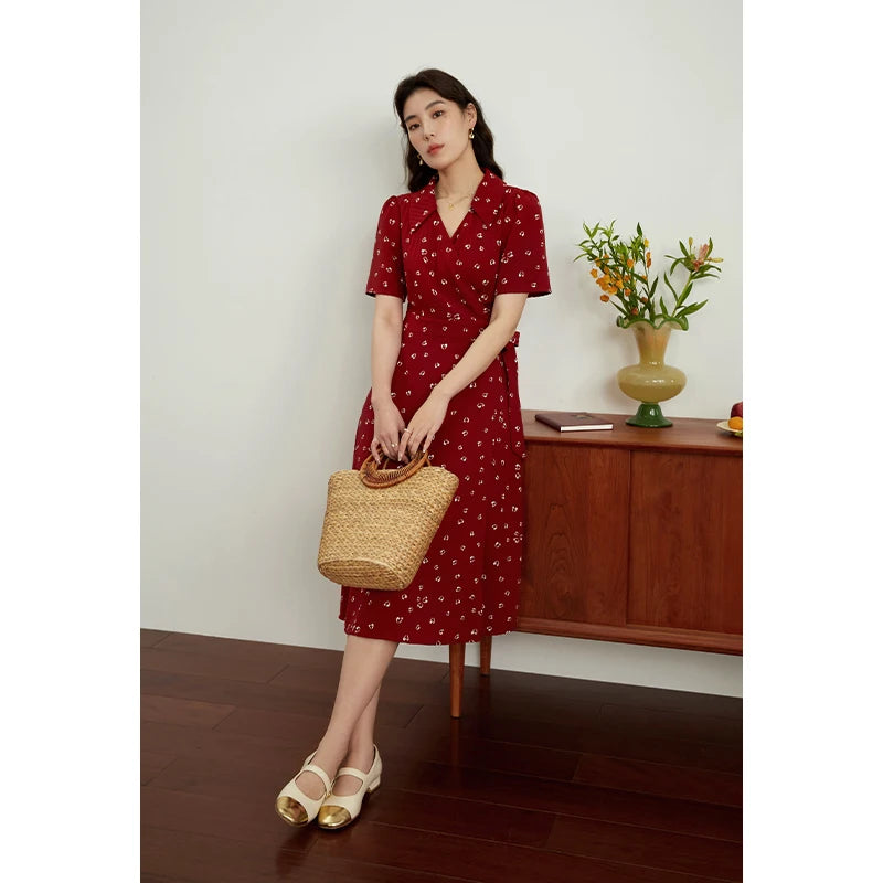 DUSHU Women Dress Summer Retro Red Floral Chiffon Dress Office Lady Short Sleeve A-LINE Skirt Clothes For Women Print Dresses