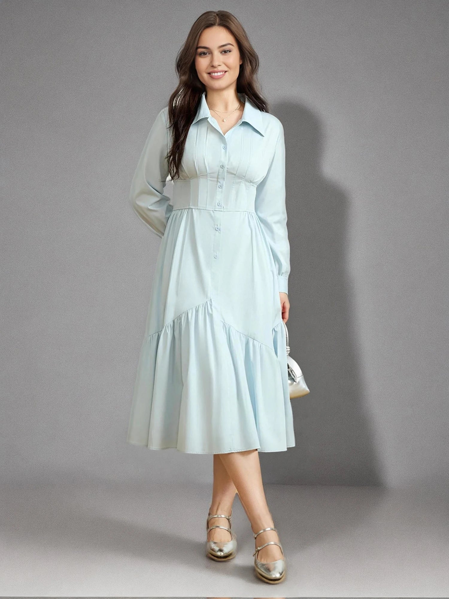 DUSHU Blue Waist Waist Dress 2025 Spring New Product Commuting Elegant Long Dress Casual Loose Women Dress 25DS81103