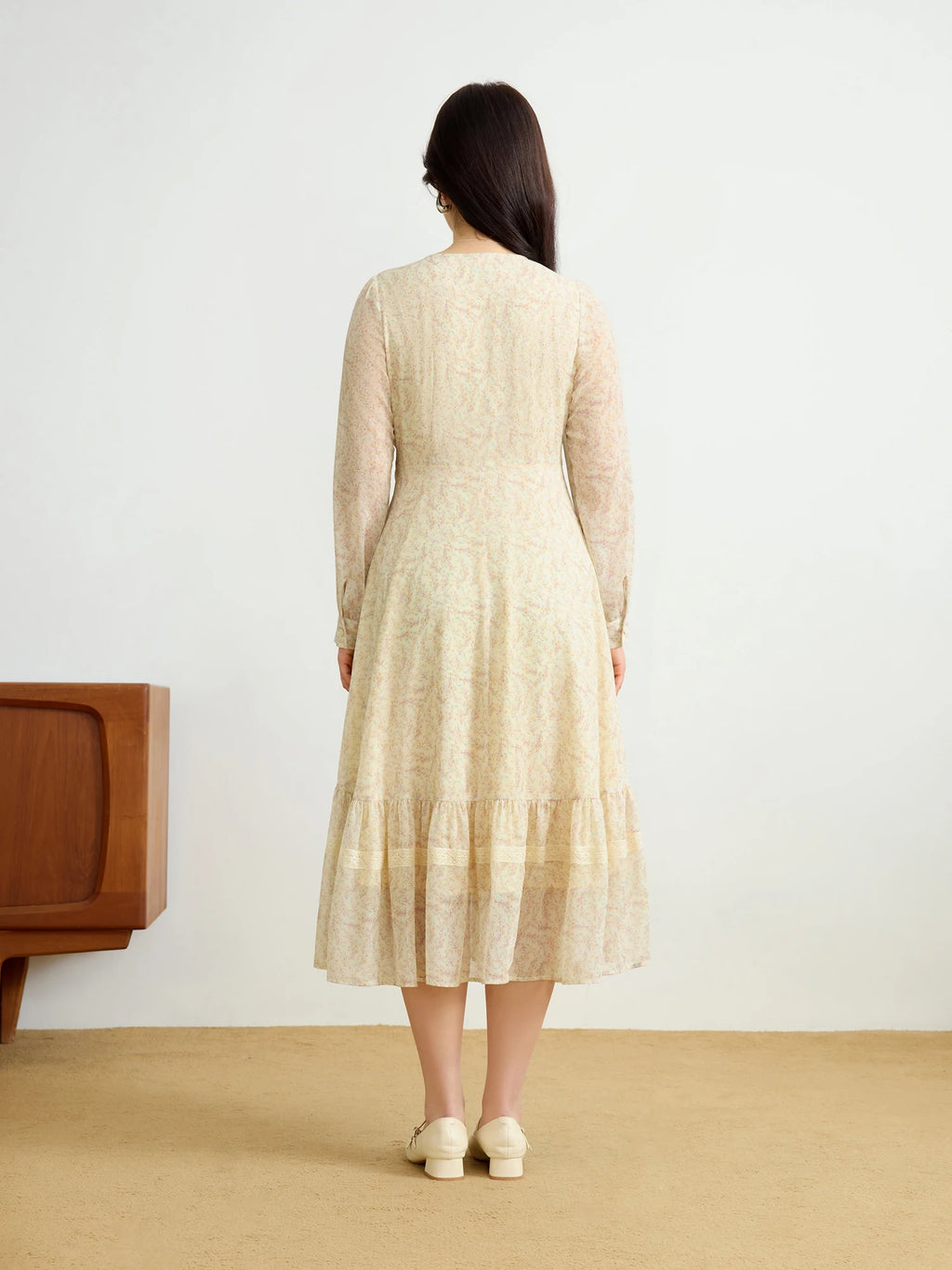 DUSHU Office Lady Women's Flowing Umbrella Chiffon V-neck Lace Dress 2025 Spring Fashion Midi Casual Loose Dress 25DS81218