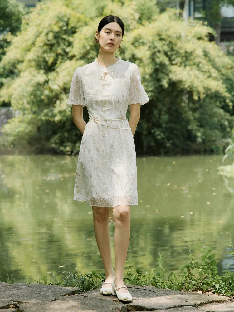 DUSHU Summer Floral Dress New Chinese Style Women Stand Collar Short Sleeve Knee-Length Dress Cheongsam Dresses 24DS82680