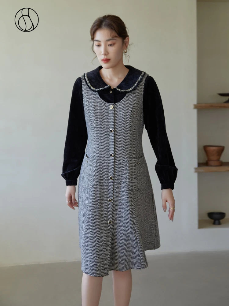 DUSHU Women's Retro Plaid U-neck Vest Skirt Pocket Design Button Placket Design Long Woolen A-line Dress Women Winter Dresses