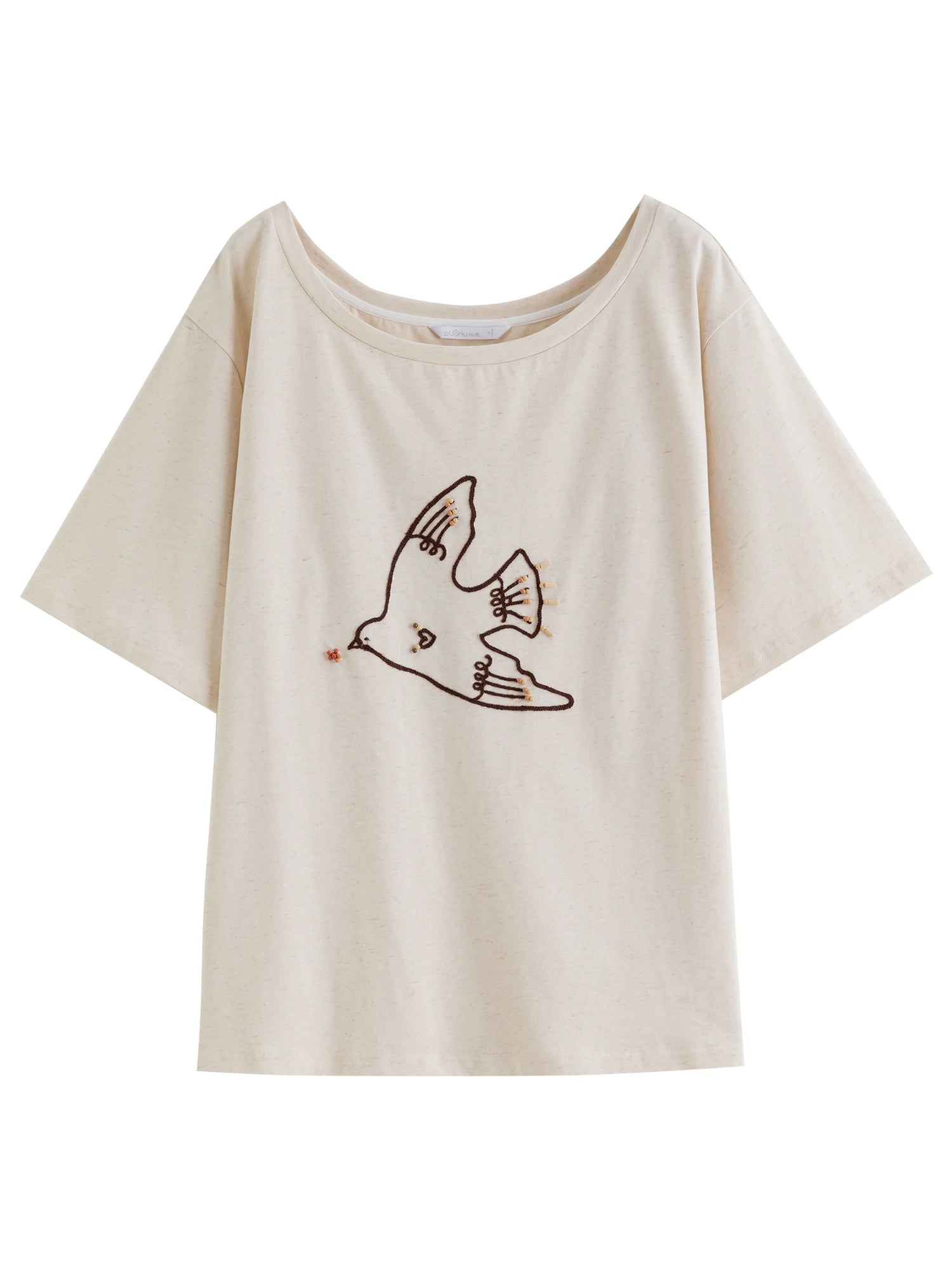 DUSHU Layering for Women Fashion Chain-Embroidered Pearl-Adorned Tank Top Linen-Blend Short Sleeve Off-Shoulder Cotton T-Shirt
