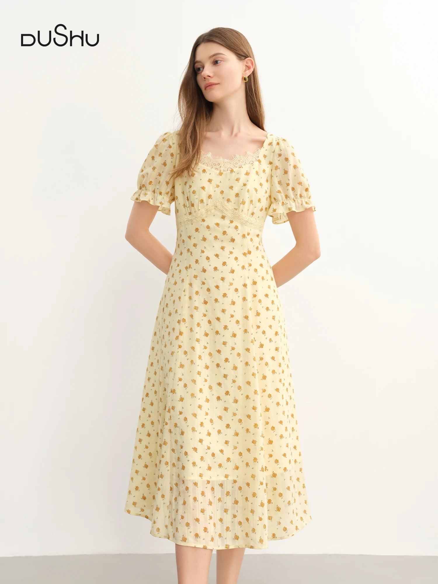 DUSHU Elegant Tailored Mid-Length Plus Size Women's French Lace Patchwork Floral Dress 2025 Summer New Dresses 25DS82823