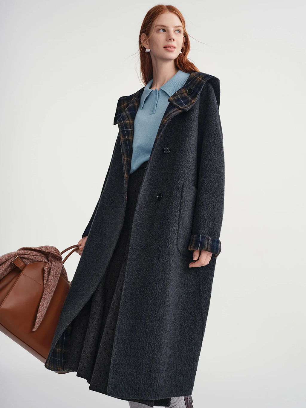 DUSHU 2025 Women's Reversible Hooded Wool Blend Coat Double Faced Trench Parka British Style Outerwear Casual Long Sleeve
