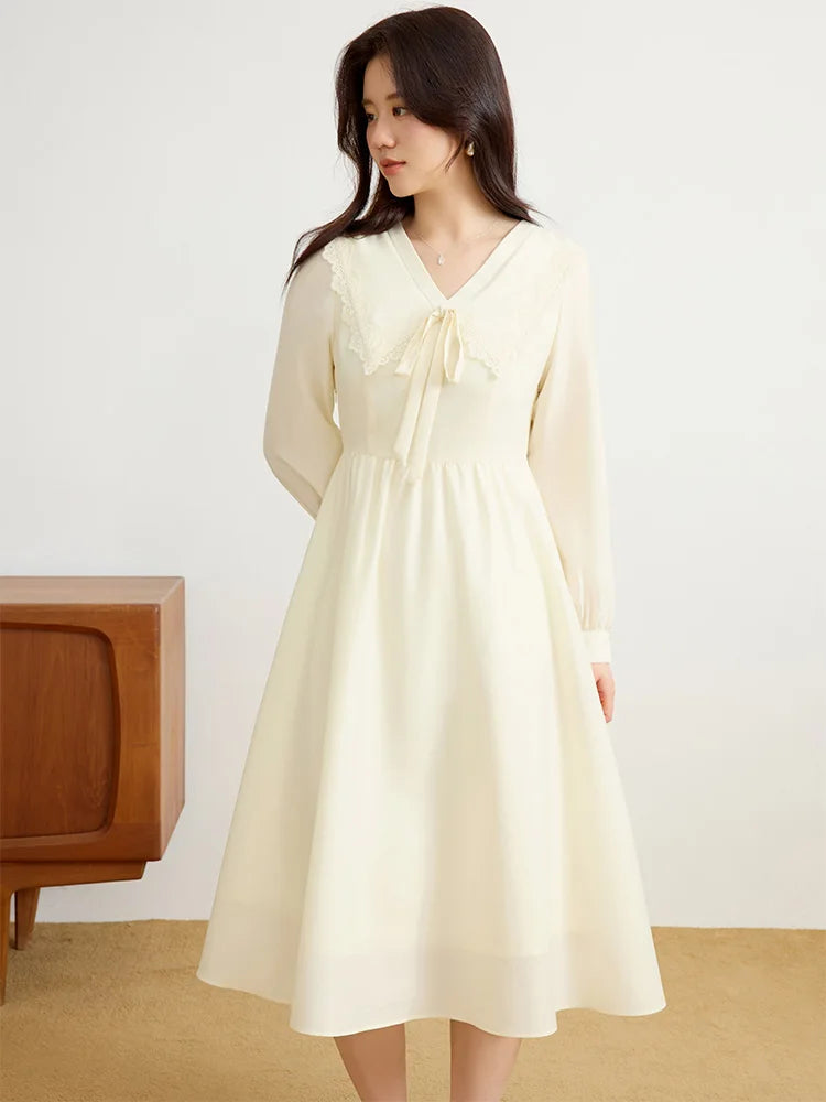 DUSHU Women Spring Long Dresses Blue Sweet Female Peter Pan Collar Long Sleeve Dress 2025 A-LINE Commuter Dress 25DS81230