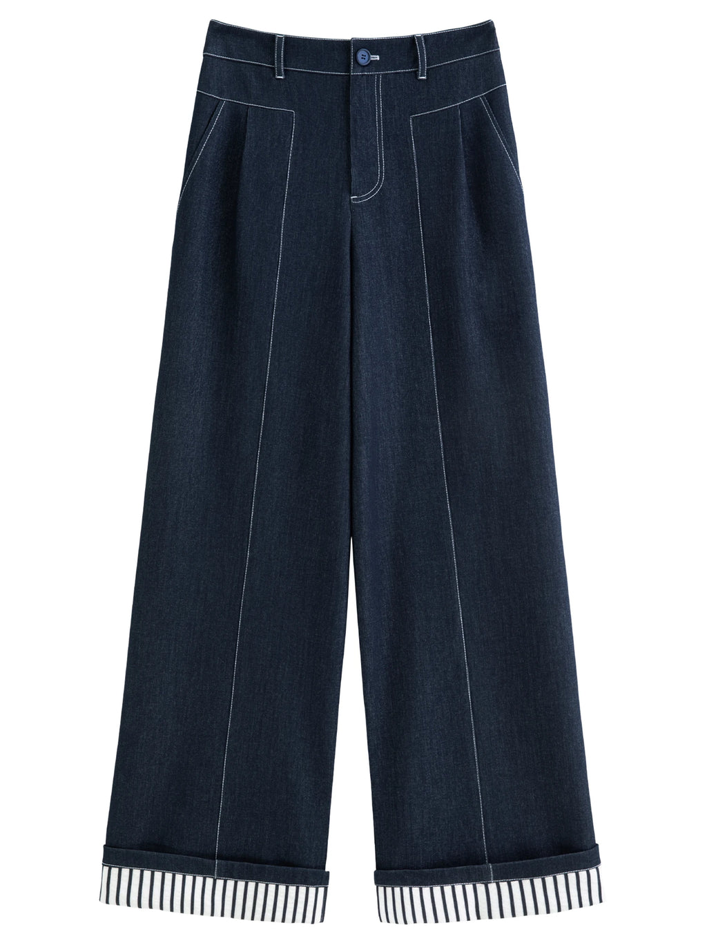 DUSHU Plus Size Women's Retro Rolled-Up Stripe Denim-Style Wide Leg Pants - Autumn 2025 Relaxed Fit Jeans