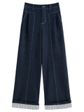 DUSHU Plus Size Women's Retro Rolled-Up Stripe Denim-Style Wide Leg Pants - Autumn 2025 Relaxed Fit Jeans