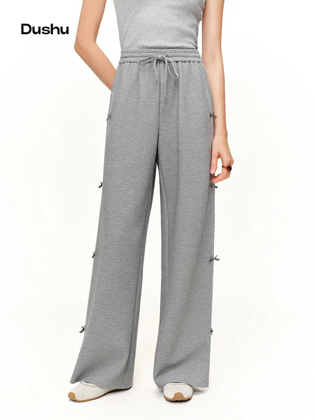 DUSHU 【Tie of Hearts】Sweet & Chic Bow-Decorated Wide Leg Pants New Spring 2026 Collection Women's High-Waisted Casual Pants