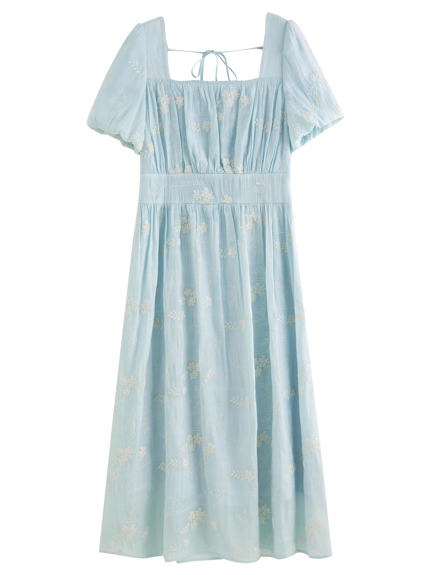 FSLE Summer 2025 Women's Square Neck Dress - Floral Embroidered Tea Length Relaxed Fit Maxi with Flutter Sleeves