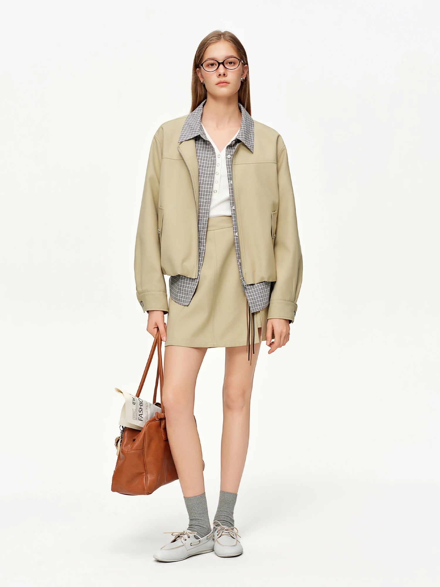 DUSHU 2025 Spring Women Faux Two-Piece Plaid Panel Short Jacket - Retro Flattering Fit Cropped Outerwear for Casual Daily Wear
