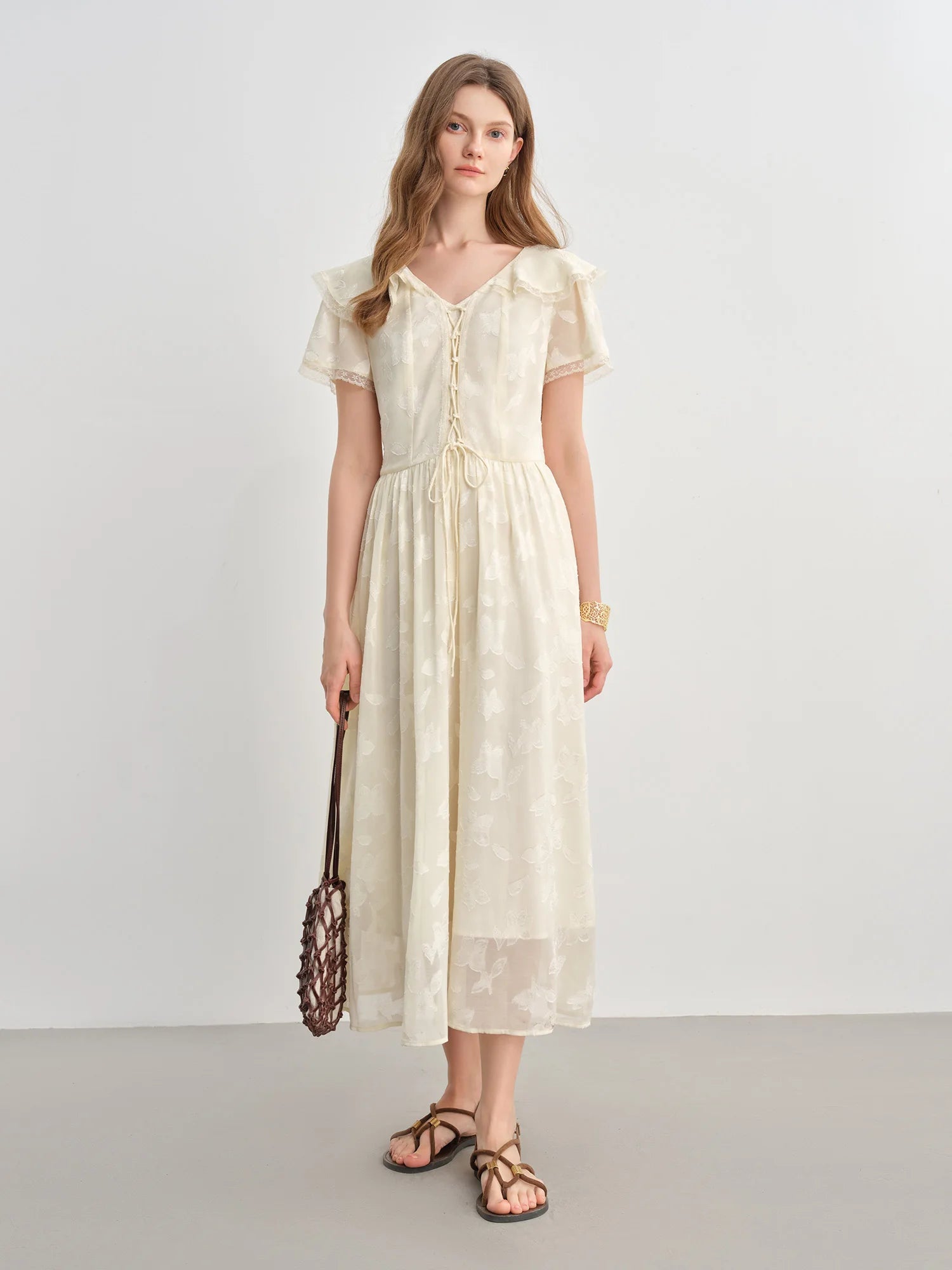 DUSHU Plus-Size Women Summer 2025 New Arrival  Elegant Ruffled Collar Jacquard V-Neck Romantic Fitted Waist Long Dress 25DS82753
