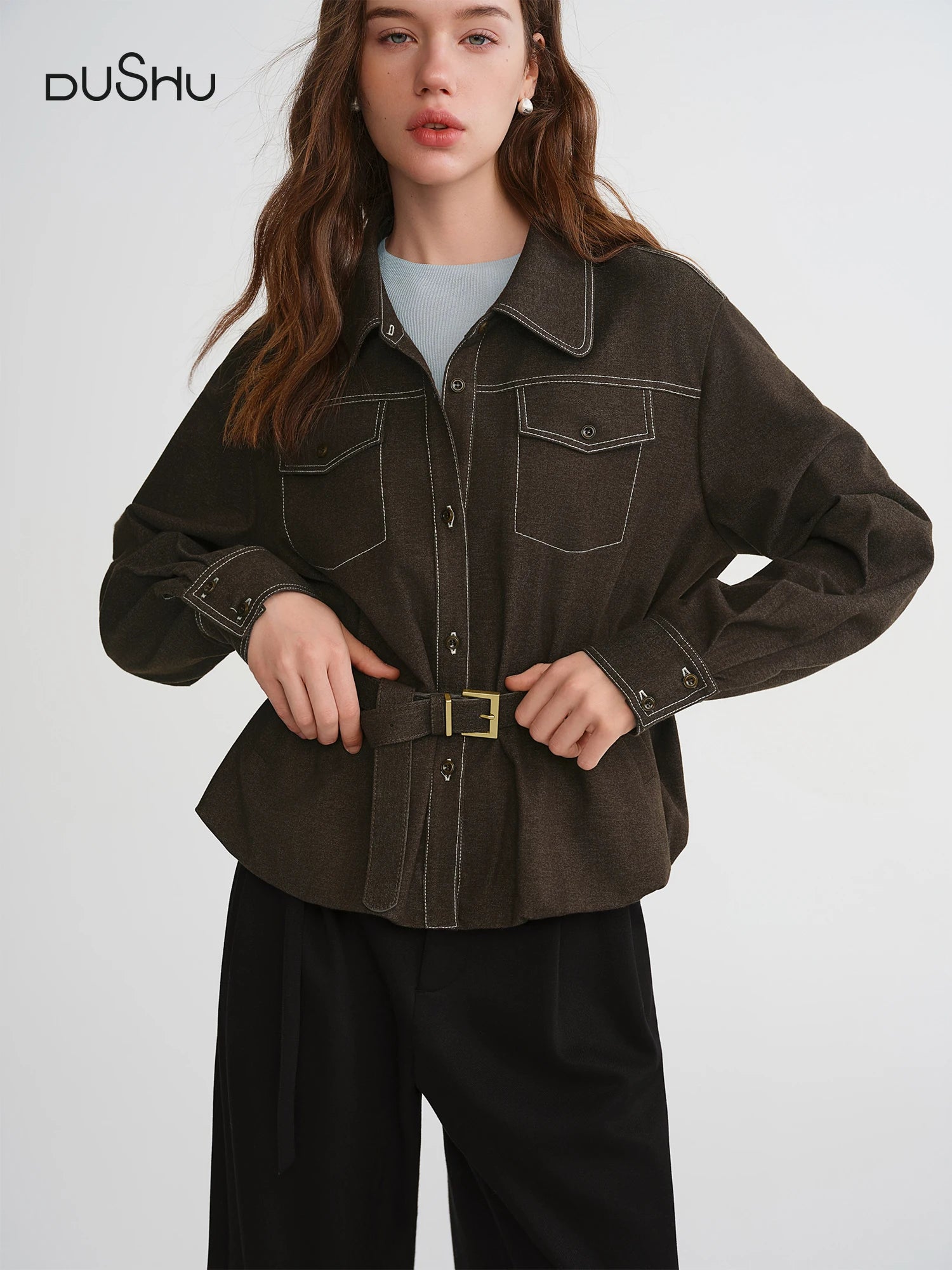 DUSHU Plus-Size Women's Fashion Urban Nomadic Style Bell-Flared Oversized Contrast Stitching Blouse Winter Tops 2025 New Arrival