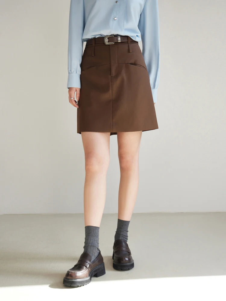 DUSHU【2 Colors】Women Pocket Decoration Commuter Above-Knee Length Spring Skirts High Waist Brown Female Mini A-LINE Skirt