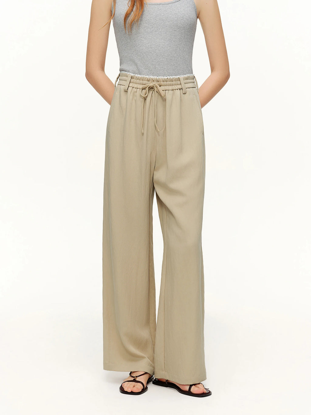 DUSHU 2026 Spring Women's Elastic Waist Drawstring Straight Leg Pants - Flowy Draping Comfortable Relaxed Fit Casual Trousers