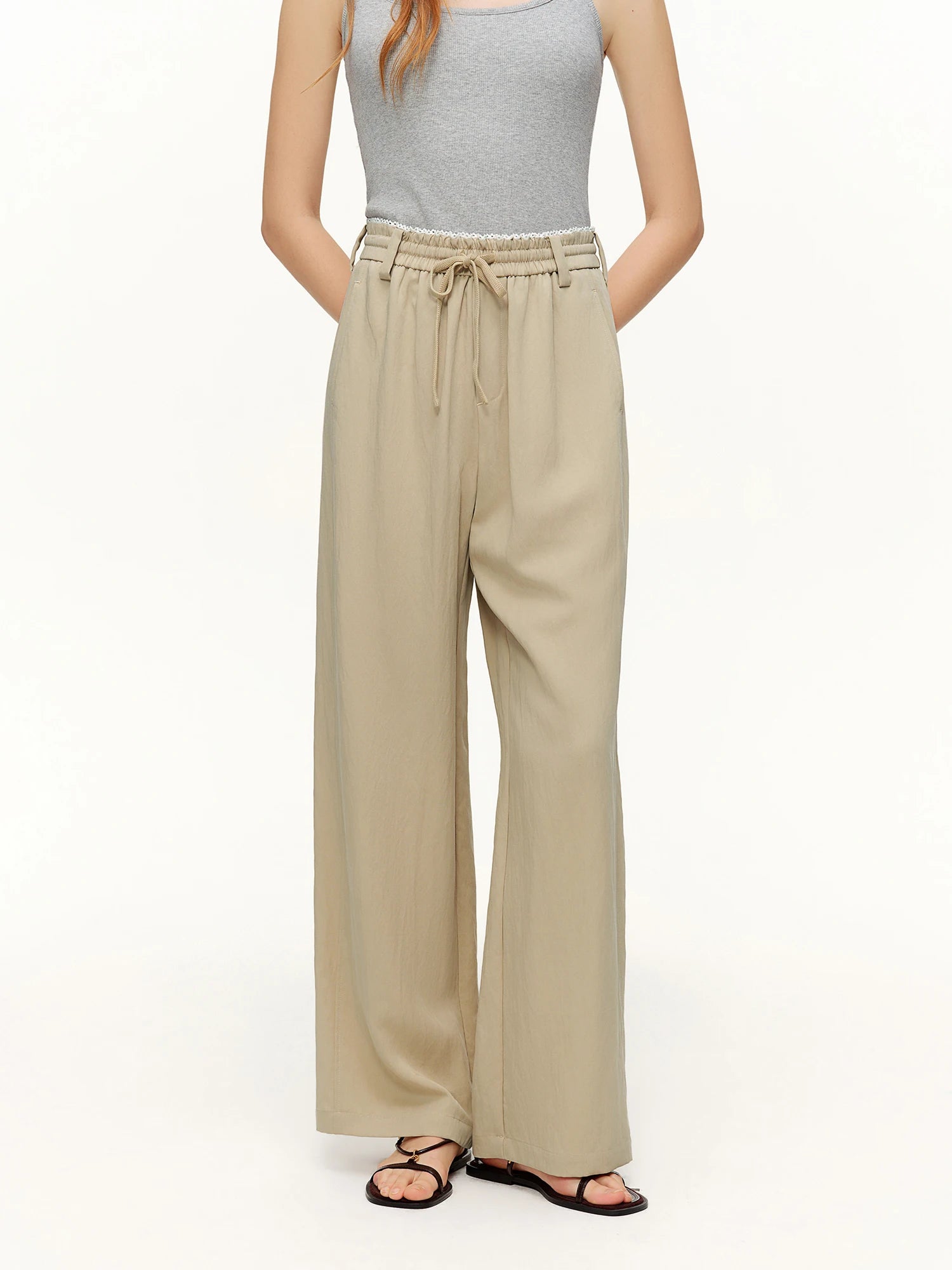 DUSHU 2026 Spring Women's Elastic Waist Drawstring Straight Leg Pants - Flowy Draping Comfortable Relaxed Fit Casual Trousers