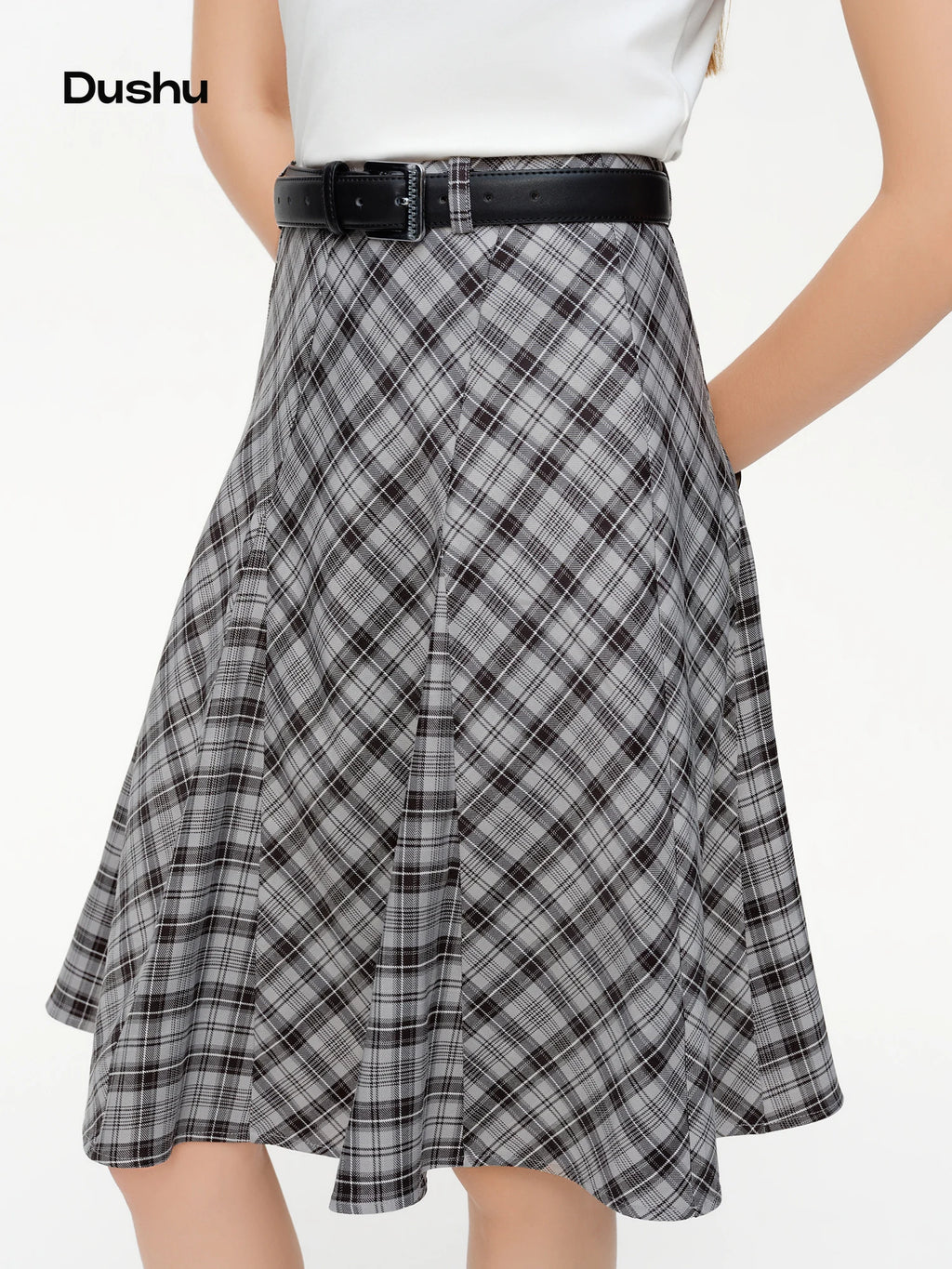 DUSHU Women's Plaid A-Line Midi Skirt 2026 Spring Diagonal Panel Slim Fit Preppy Style Retro Classic Irregular Design Commuting