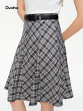 DUSHU Women's Plaid A-Line Midi Skirt 2026 Spring Diagonal Panel Slim Fit Preppy Style Retro Classic Irregular Design Commuting