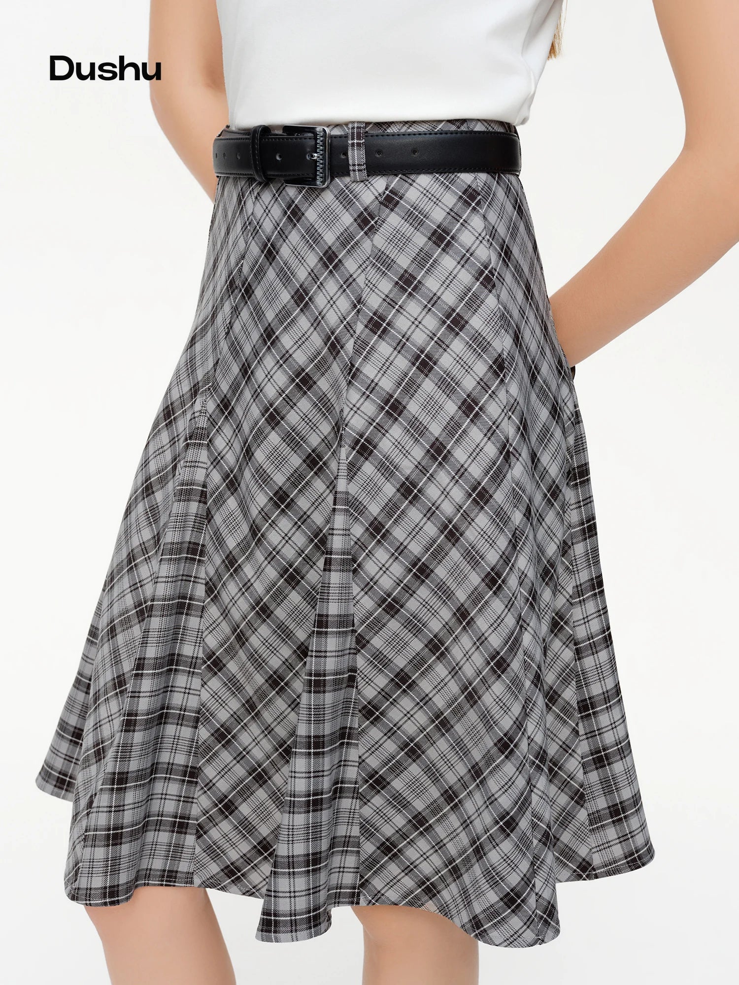 DUSHU Women's Plaid A-Line Midi Skirt 2026 Spring Diagonal Panel Slim Fit Preppy Style Retro Classic Irregular Design Commuting