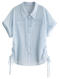 DUSHU Summer Women Curve-Flattering Lyocell Shirt - Adjustable Drawstring & Breathable Design for Effortless Office-to-Outing