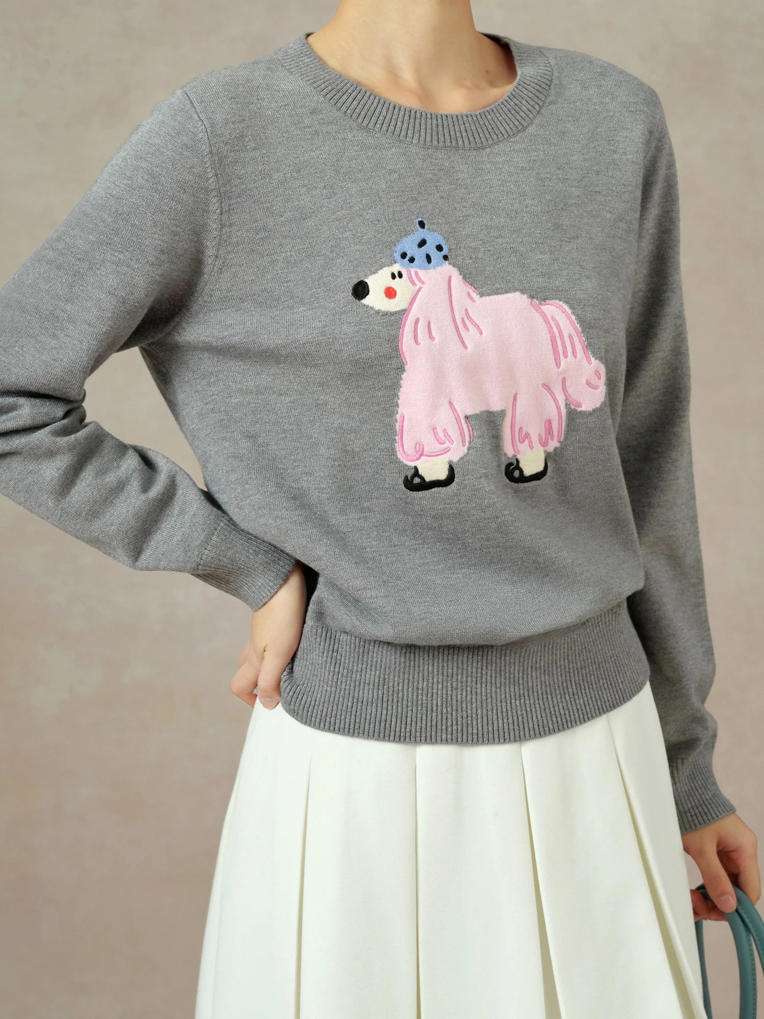 DUSHU Women Sweater Embroidered Pullover Tops Knitted T-shirt Autumn Round Neck Soft Long Sleeve Top 24DS83025+24DS83367
