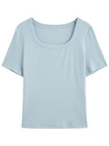 DUSHU Women High-Stretch Structured Shoulder V/U Neck Tee 2025 Summer Casual T-Shirt Elastic Cotton Y2K Fashion New Arrival